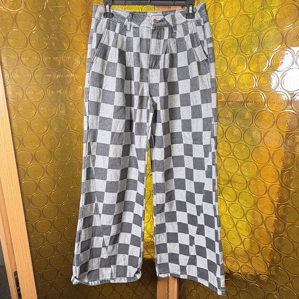 Gray Checkered Pants Wide Leg Baggy High Waist Back Pockets Women 31 X 30 In.